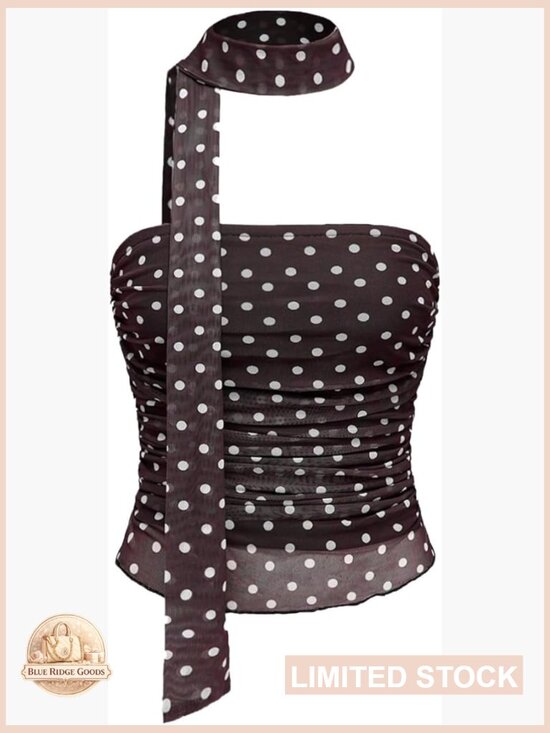 Tops - Y2K Polka Dot Mesh Ruched Bandeau Tube Top with Scarf Strapless Crop Tank